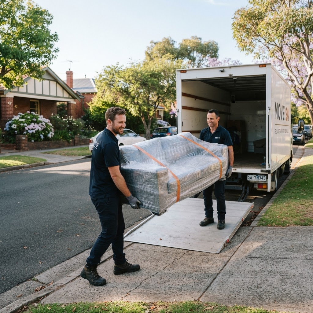 Two professional movers in navy uniforms loading a wrapped sofa into a moving truck on an Adelaide street