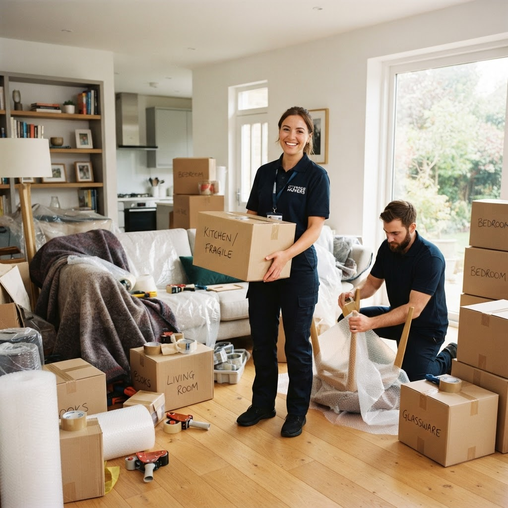 A friendly moving team carefully packing labelled boxes and wrapping furniture inside a bright home